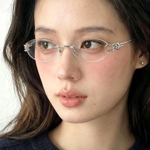 세련된 타원형 선글라스 여성 캐주얼 무테 선글라스 메탈 프레임 고급 플래시 스트리트 여성용 안티 블루라이트 안경 UV400