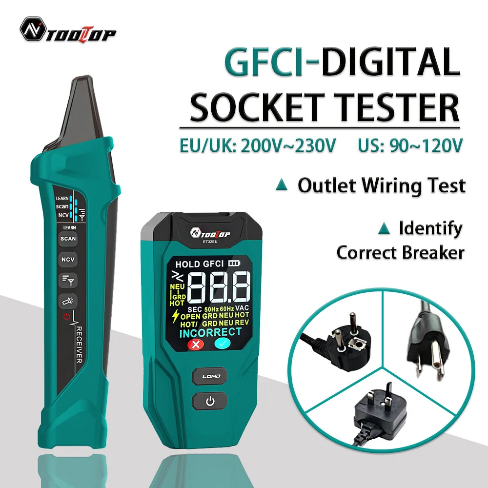 TOOLTOP ET32 디지털 회로 차단기 탐지기 중성선/활선 배선 감지 GFCI 콘센트 테스터 미국/EU/영국 소켓 전압 측정