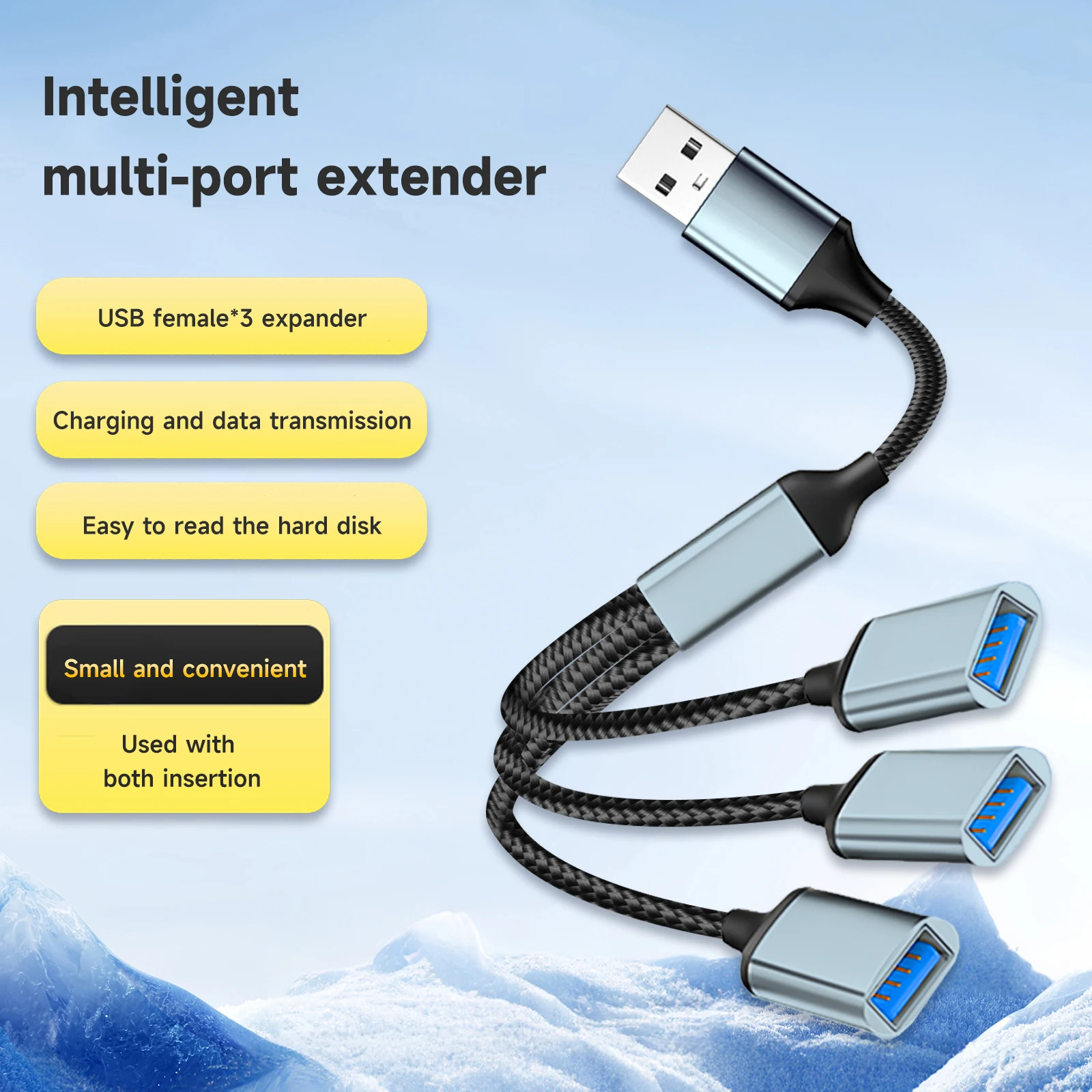 USB 분배기 케이블 1 in 3 Out, USB-A 확장 허브, 차량용, PC용 멀티 USB 포트 확장 변환기