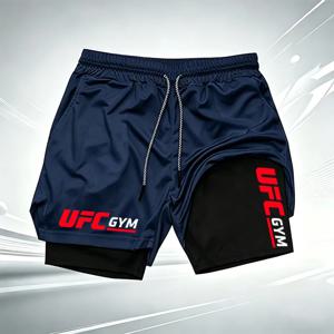 여름 남성용 프린트 UFC GYM 2-in-1 압축 베이스 반바지, 속건성 피트니스 트레이닝 통기성 러닝 반바지