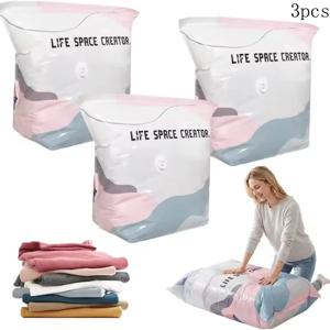 3PCS 3D 진공 보관 가방 진공 압축 가방 공간 절약 펌프리스 진공 보관 가방 방수 재사용 가능 정리함