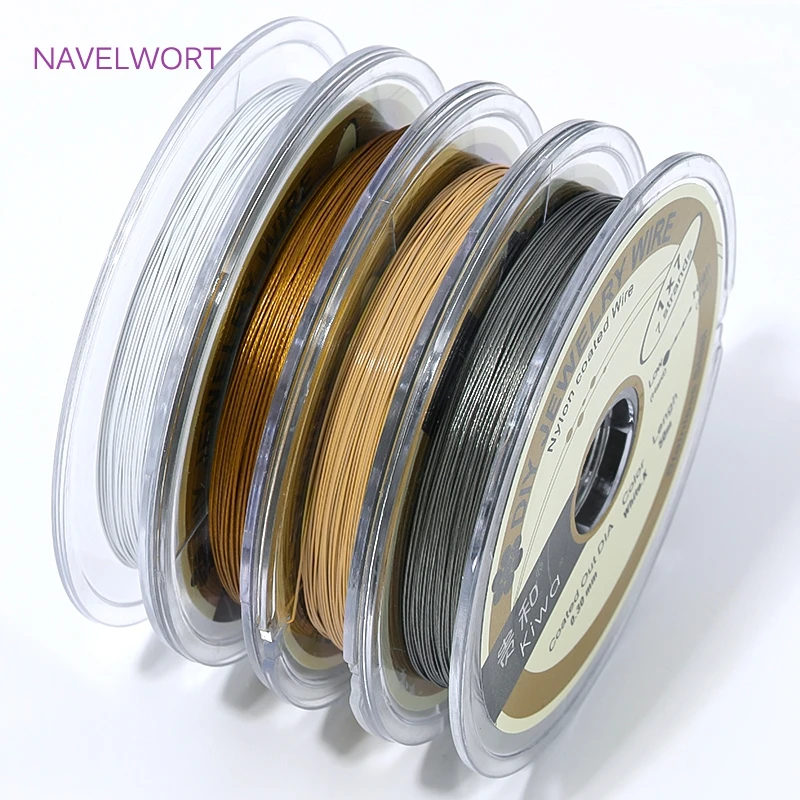 50m 롤 0.3/0.38mm 화이트 로듐 골든 스틸 와이어, 나일론 코팅 스테인레스 비딩 와이어, 쥬얼리 제작 DIY 팔찌 부자재