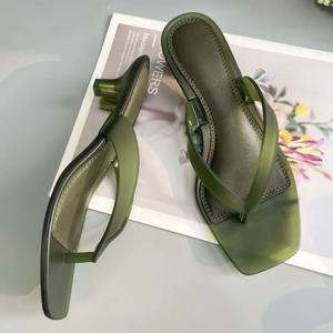 한국 무광택 올리브 그린 PVC  thong 샌들 여성용 투명 슬림 키튼 힐 스퀘어 토 백리스 슈즈 그린 캐주얼 플립플랍