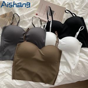 아이샹 여성용 얇은 아이스 실크 트레이스리스 베스트 프렌치 백 캐미솔 내장형 고정컵 이너웨어 아우터웨어 스파이스 랩 체스트