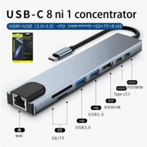 네트워크 포트가 있는 8-in-1 Type-C 확장 도크 4K 고화질 HDMI 화면 확장 SD/TF 카드 리더기 다기능 허브