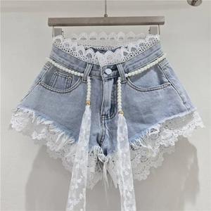 여성용 아메리칸 레이스 패치워크 후크 앤 플라워 데님 반바지 섹시하고 시크한 레이스 허리 로프 패셔너블한 하라주쿠 Y2K 데님 반바지