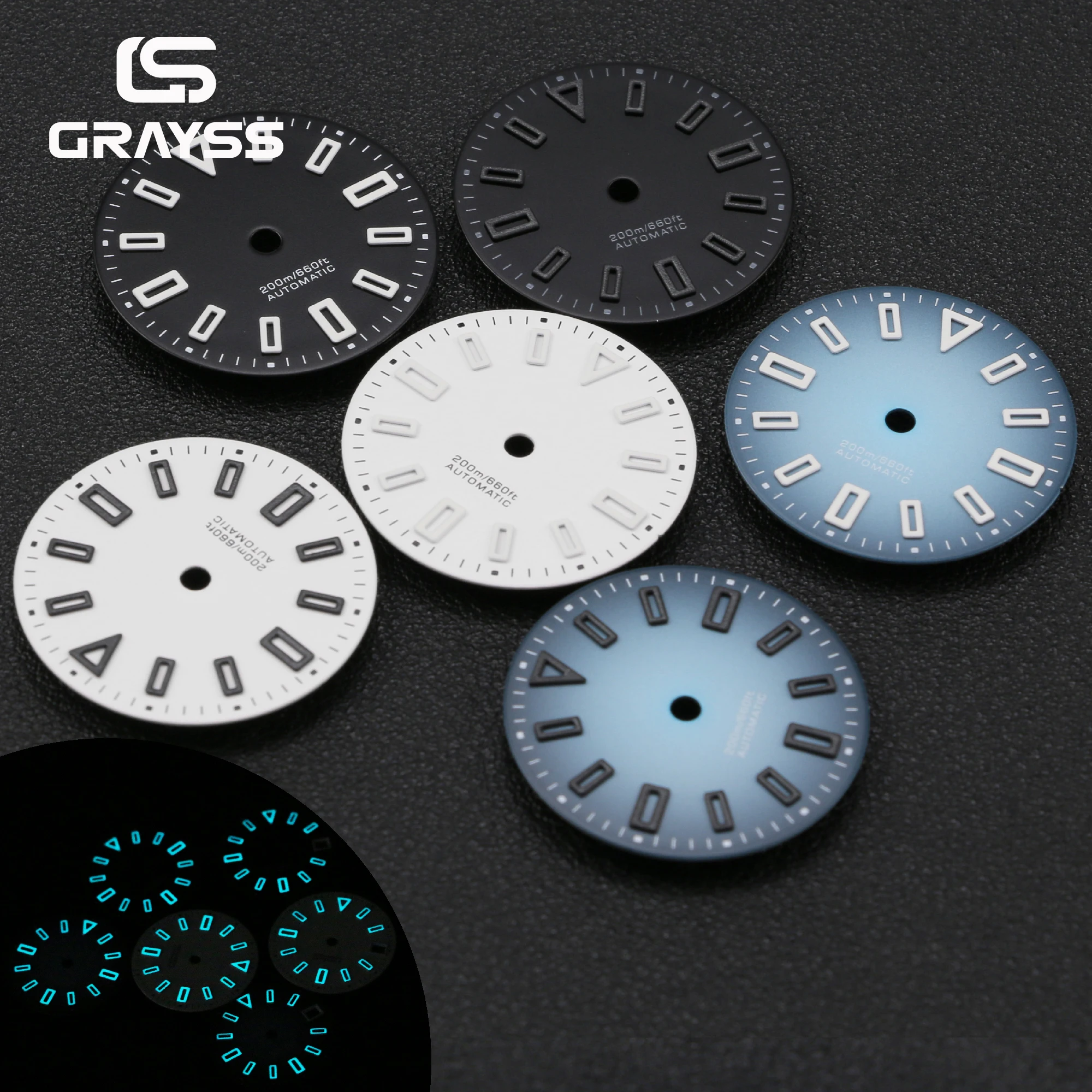 GRAYSS 멸균 28.5mm BGW9 블루 야광 시계 다이얼, 속이 빈 시간 표시 표시기, SKX NH35 PT5000 Miyota 8215Movemen용 날짜 창
