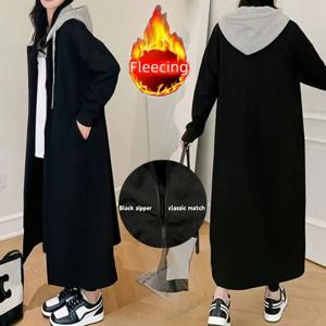 플러스 사이즈 후드 집업 롱 코트 겨울용 두꺼운 후드티 플리스 여성용 오버사이즈 재킷 캐주얼 블랙 아우터웨어 패치워크 올매치