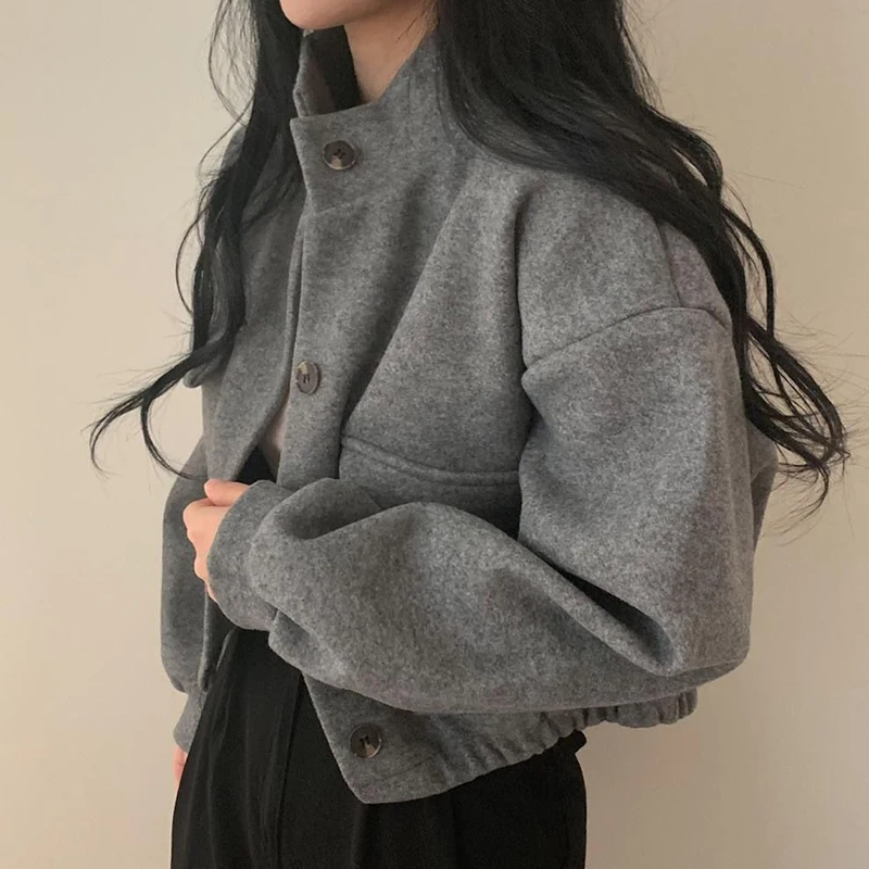 트렌디한 여성용 루즈핏 스탠드 칼라 버튼 스트리트웨어 재킷 캐주얼 아우터 가을 빈티지 크롭탑 겨울 인조 울 코트