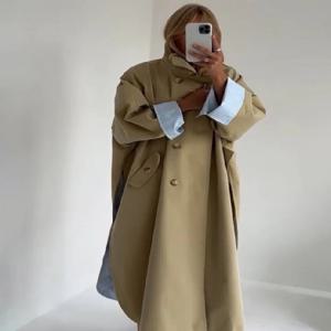 캐주얼 카키 오버사이즈 트렌치코트 여성용 라펠 더블 브레스티드 스트라이프 커프 안감 사이드 슬릿 아우터웨어 가을 데일리 오버코트 신상품