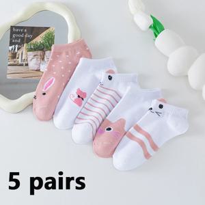 여성용 짧은 양말 5켤레, 핑크 고양이 디자인, 얇고 귀여운 사계절용 보트 양말, 슬로우 탑, 패셔너블한 보트 양말