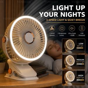 LED 조명이 장착된 휴대용 클립형 팬 3단 속도 조절 가능 바람 속도 조절 가능 무소음 데스크탑 팬 가정용 침실 캠핑 팬