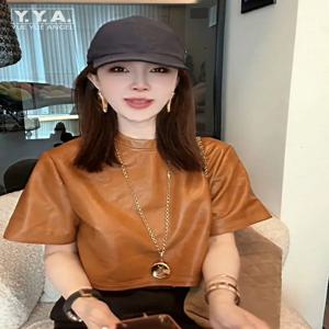 패션 여성 하이 스트리트 스타일 스탠드 칼라 천연 가죽 재킷 짧은 반소매 풀오버 캐주얼 여성 상의 리얼 양가죽 조끼