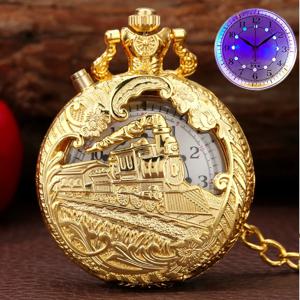 탑 럭셔리 골드 빛나는 LED 석영 주머니 시계 기차 기관차 엔진 Steampunk 석영 FOB 라이트 시계 선물 남성 여성을위한