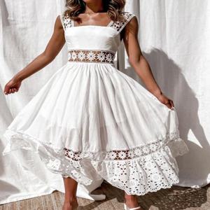 여성 드레스 흰색 속이 빈 코튼 Sundress 레이스 민소매 긴 접합 여름 파티 우아한 저녁 여자 스커트 의류