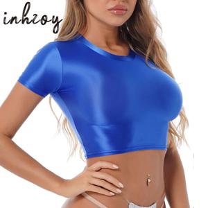 Womens Glossy Short Sleeve Crop Top 오일 샤이니 스포츠 피트니스 티셔츠 티 운동 Cheer Booty Dance Tops 수영복 Clubwear