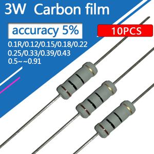 10pcs 3W 탄소 필름 0.1 0.12 0.15 0.18 0.22 0.25 0.27 0.33 0.39 옴 R 금속 산화물 필름 저항기 5% 0.1R 0.15R 0.22R 0.1R-1M