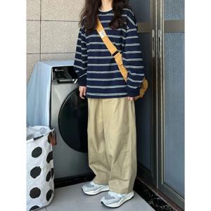 시크한 한국 스타일 스트라이프 긴팔 티셔츠 여성용 루즈핏 베이스 셔츠 트렌디 브랜드 INS 가을 겨울 빈티지 이너웨어 탑