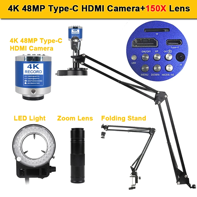 1-150X 줌 렌즈 납땜 Microscopio HD 4K 48MP 1080P 산업용 카메라 유형 C HDMI 비디오 디지털 현미경 전자 제품