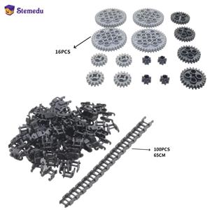 16PCS MOC 빌딩 블록 치아 기어 기차 자동차 트랙 링크 체인 벽돌 기어 세트 기술 부품 3711 14696 10928 51416 3648 3649