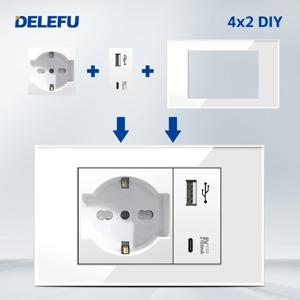 DELEFU 이탈리아 소켓 DIY 화이트보드 USB 타입 C 도어벨 스위치 45A 20A 커튼 폰 CAT5 TV HDMI SAT 화이트