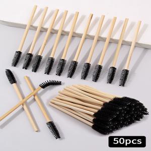 50Pcs 대나무 손잡이 속눈썹 브러쉬 메이크업 브러쉬 속눈썹 연장 마스카라 완드 애플리케이터 아이 래쉬 컬링 빗 메이크업 도구 ﻿