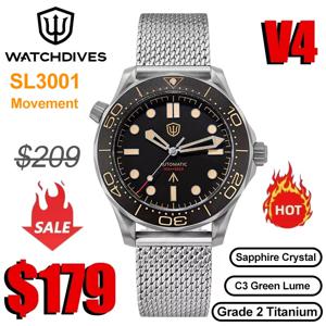 Watchdives WD007 V4 42mm 시계 SL3001 자동 무브먼트 티타늄 NTTD 손목시계 돔형 사파이어 크리스탈 C3 슈퍼 루미너스 시계