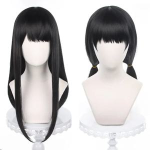 Anime Mitaka Asa 블랙 롱 스트레이트 가발 코스프레 전기 톱 남자 여자 의상 파티 할로윈을위한 내열성 머리 가발
