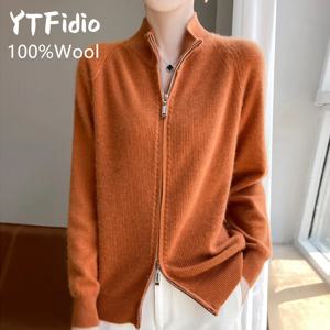 YTFidio 여성용 100% 울 지퍼 스웨터, 울 뜨게 스웨터, 터틀넥 지퍼 카디건, 캐주얼 루즈 탑, 두꺼운 스웨터 171