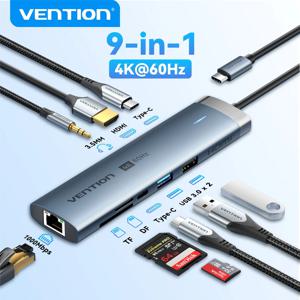 Vention USB C 허브 HDMI 4K 60Hz 9 in 1 PD 100W RJ45 어댑터 USB3.0 허브 MacBook Air iPad 노트북 용 5Gbps 분배기 도킹 스테이션