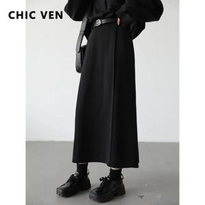 CHIC VEN 여성용 루즈 하이 웨이스트 플리츠 스트레이트 튜브 스커트, 슬릿 블랙 여성 의류, 오피스 레이디, 가을 겨울 2024