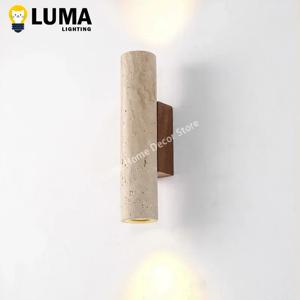 Wabi Sabi 스타일 노란색 석회화 벽 램프 빈티지 돌과 나무 Sconce 조명 침실 머리맡 거실 계단 홈 장식