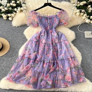 여성을위한 여름 빈티지 프렌치 메쉬 드레스 새로운 허리 Cinched 슬래시 목 버블 슬리브 달콤한 꽃 쉬폰 드레스 여성 C146