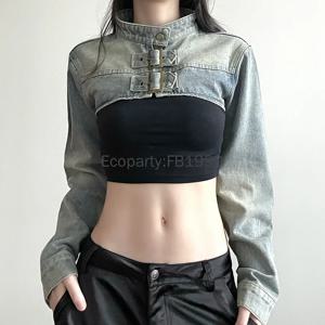 여성 패션 데님 자켓 Y2K 미적 빈티지 섹시 크롭 탑 코트 일본 하라주쿠 streetwear 여성 봄 여름 겉옷