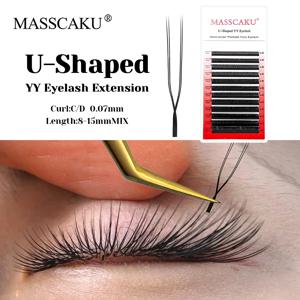 MASSCAKU U 모양 YY 가짜 속눈썹 8-15mm 믹스 C D 컬 더블 팁 속눈썹 확장 Hand-wen 개별 속눈썹 도매