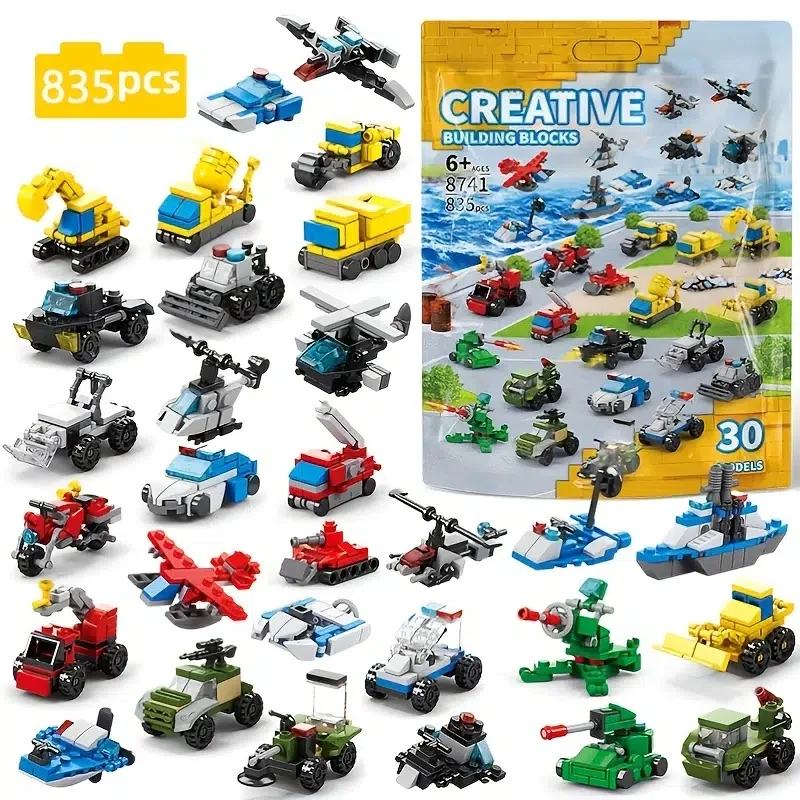835PCS 30-in-1 미니 자동차 조립 블록, 탱크, 비행기, 자동차, 배 DIY 브릭, 어린이 남아 여아를 위한 교육용 장난감