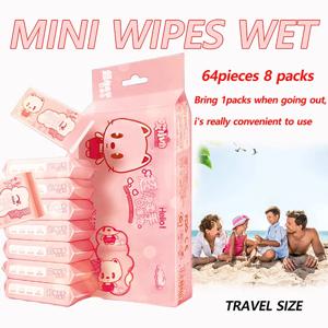 64pcs 일회용 미니 핸드 물티슈/휴대용 여행 크기 특수 추출 손 입 청소 물티슈 Fo 홈 학교 용품
