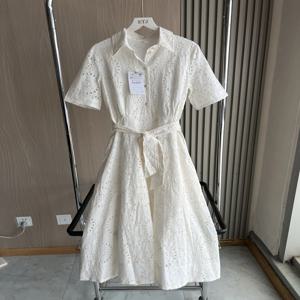2025년 신상 여성 우아한 패션 속이 비치는 자수 코튼 셔츠 카라 반팔 원피스 기품있는 롱 스커트