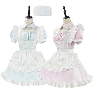S-5XL 블루/핑크 메이드 복장 간호사 모자 모자 귀여운 소녀 공연 의상 여성 앞치마 드레스 코스프레 의상