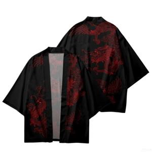 여름 커플 여성 남성 일본 streetwear 레드 중국어 드래곤 인쇄 검은 기모노 비치 반바지 전통 카디건 유카타