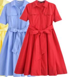여성용 반팔 셔츠 드레스 캐주얼 포켓 장식 클래식 롱 드레스 여름 패션 옷깃 Vestidos Para Mujer