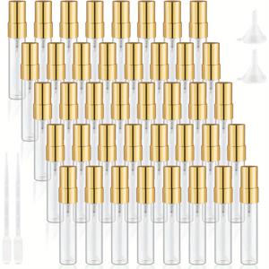 40개입, 5ml/10ml 용량의 미니 투명 유리 스프레이 병, 금색 알루미늄 노즐 장착, 재사용 가능하며 미세 분사 기능이 뛰어남.