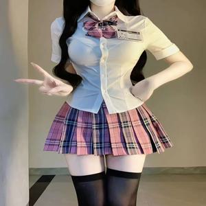 세련된 오리지널 JK 교복 세트 여학생 스타일 하프 길이 스커트 여름 체크 A라인 허리 조절 앙상블
