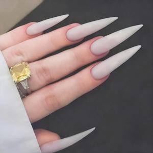 밀크 화이트 롱 스틸레토 가짜 손톱 24개 풀 커버 스틱온 인조 손톱 미니멀리스트 매니큐어 아크릴 프레스 온 네일