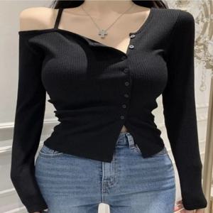 Dongda Gate 새로운 여성용 긴팔 티셔츠 어깨 노출 슬림 피트 섹시한 디자인 최고 품질 봄 패션 여성 의류