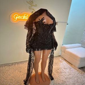 블랙 라인스톤 짧은 프롬 드레스 인어 비즈 장식 장갑 헤드스카프 미니 홈커밍 칵테일 생일 드레스 럭셔리 블랙걸