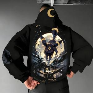 포켓몬 휴대용 게임 Umbreon 프린트 남성용 점퍼 봄/가을 신상 루즈핏 데일리 짐 스포츠 아메리칸 힙합 스웨터 탑