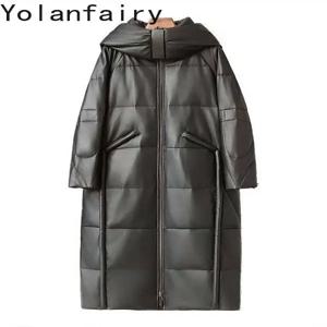 YOLANFAIRY 진짜 가죽 재킷 여성용 후드 겨울용 롱 리얼 양가죽 다운 코트 여성용 트렌드 구스 다운 코트 패딩