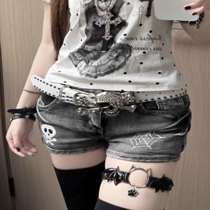 아메리칸 레트로 바디콘 숏 진 여성 캐주얼 해골 패턴 지퍼 서브컬쳐 스트리트웨어 로우 웨이스트 여름 섹시 빈티지 반바지