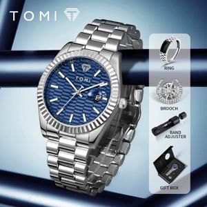 TOMI 새로운 남성용 시계 브로치 반지 선물 상자 세트 럭셔리 비즈니스 스테인레스 스틸 스트랩 남성용 달력 캐주얼 쿼츠 시계 Reloj